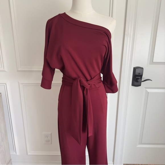 Burgundy Dressy Jumpsuits for Women - Loose, Off-Shoulder, Elastic Waist Small - Picture 2 of 5